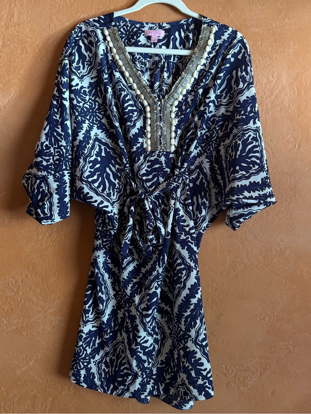 Lilly Pulitzer Wilda Caftan Dress Navy White Beaded Embellished Resort Size S